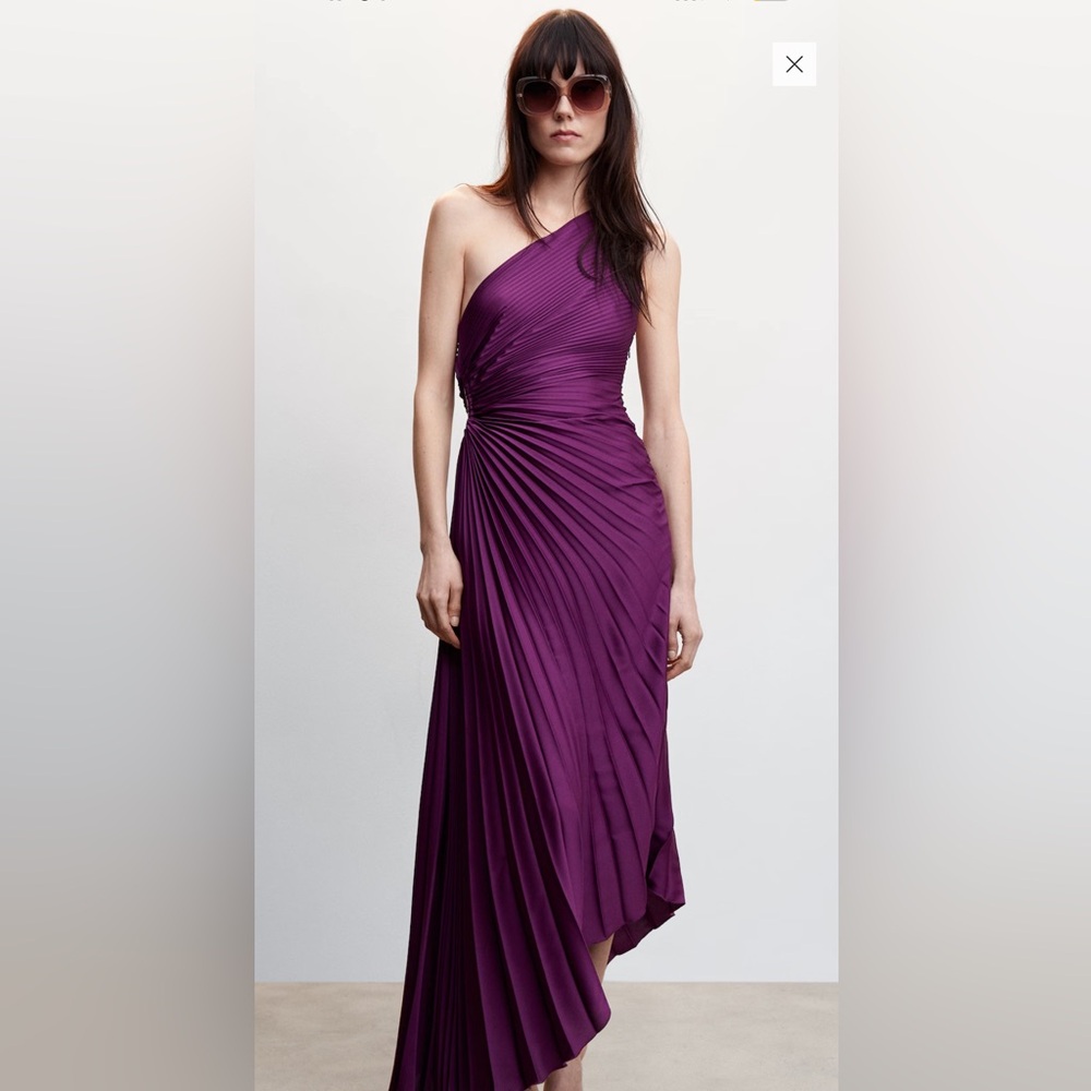 Mango Asymmetrical Pleated Purple One-Shoulder Dress